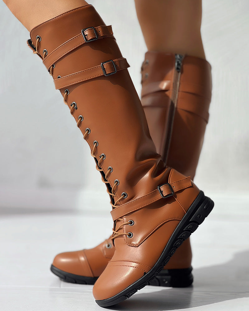 Lace up Buckled Zipper Design Boots