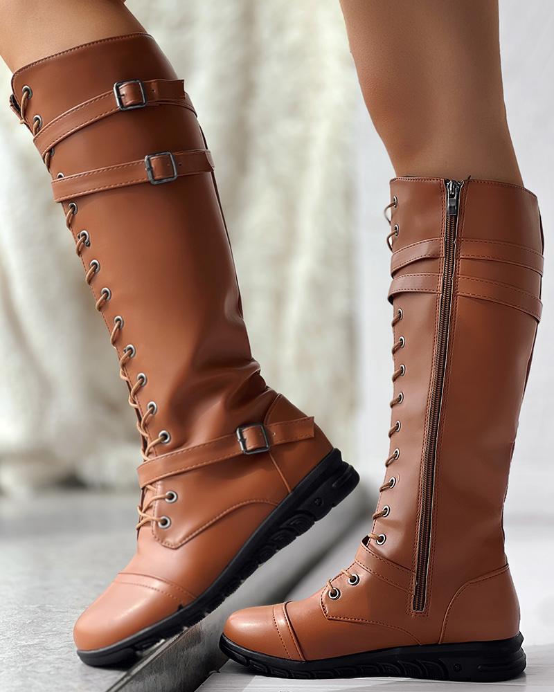 Lace up Buckled Zipper Design Boots