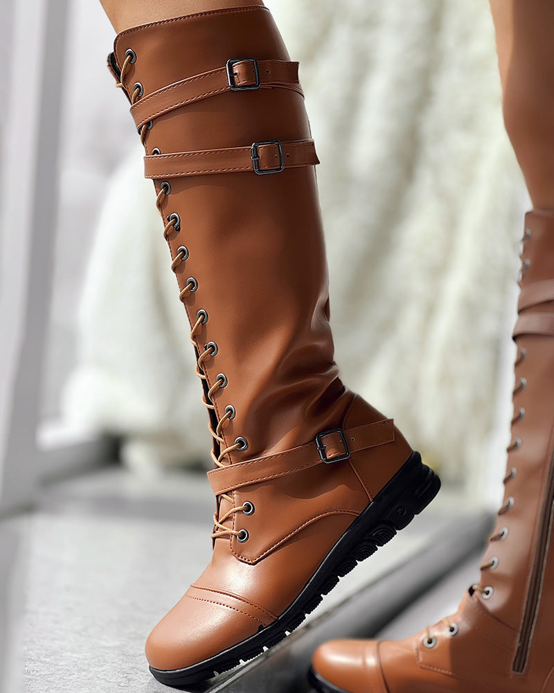 Lace up Buckled Zipper Design Boots