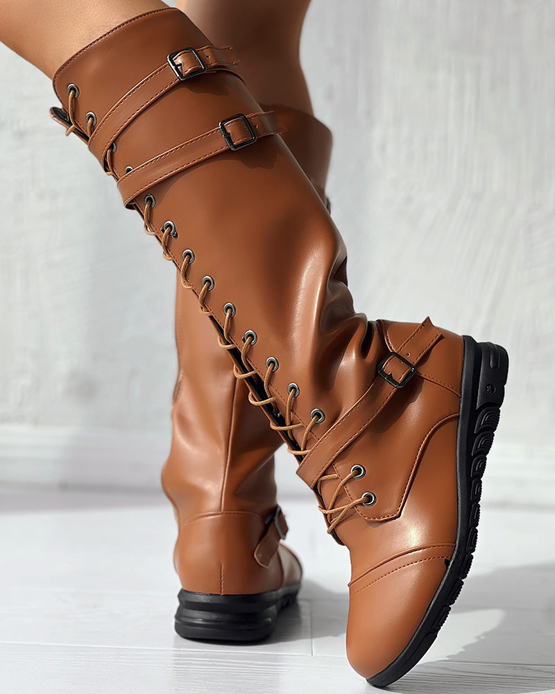 Lace up Buckled Zipper Design Boots