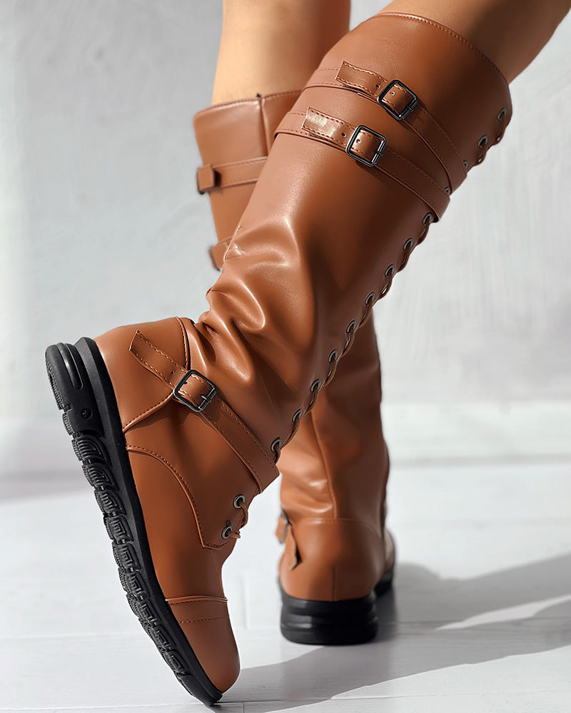 Lace up Buckled Zipper Design Boots