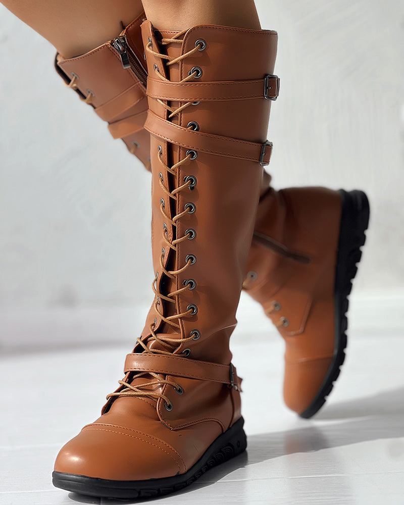 Lace up Buckled Zipper Design Boots