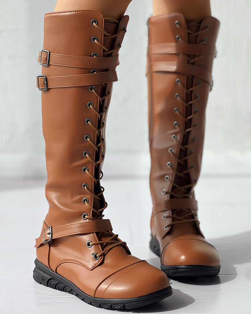 Lace up Buckled Zipper Design Boots