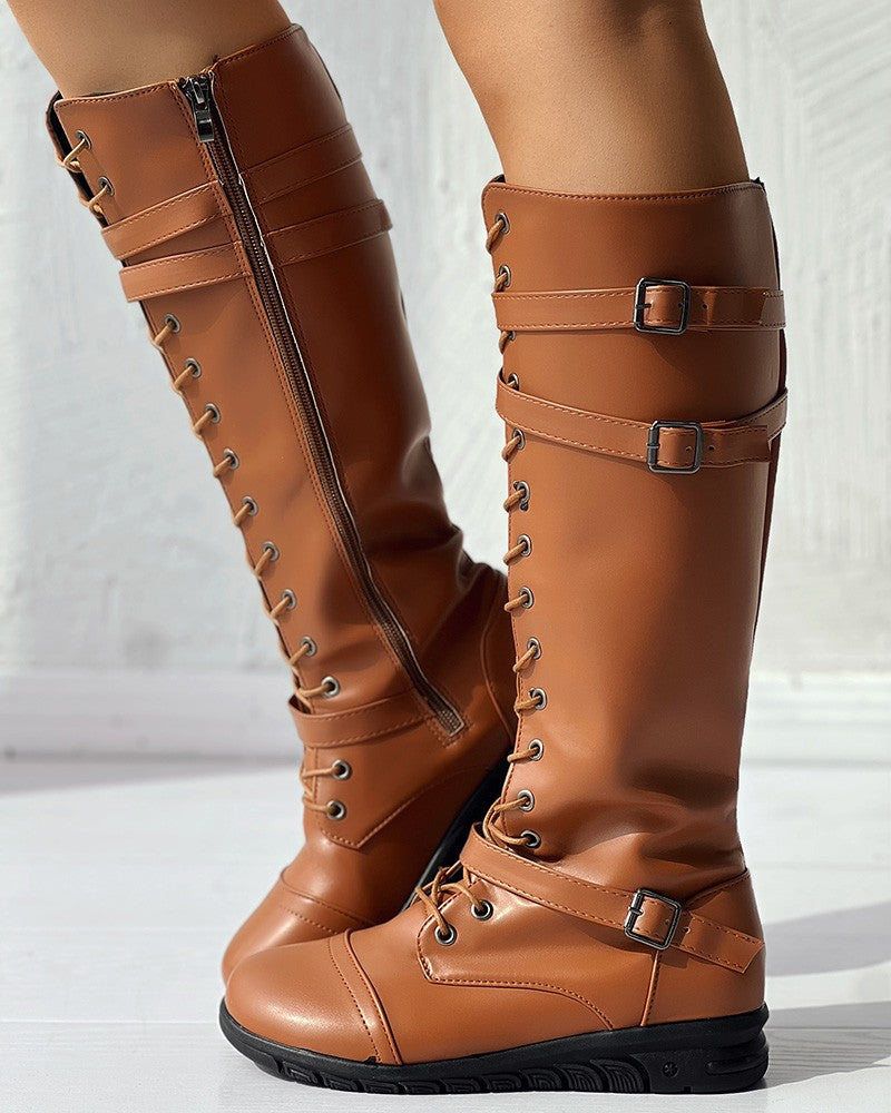 Lace up Buckled Zipper Design Boots