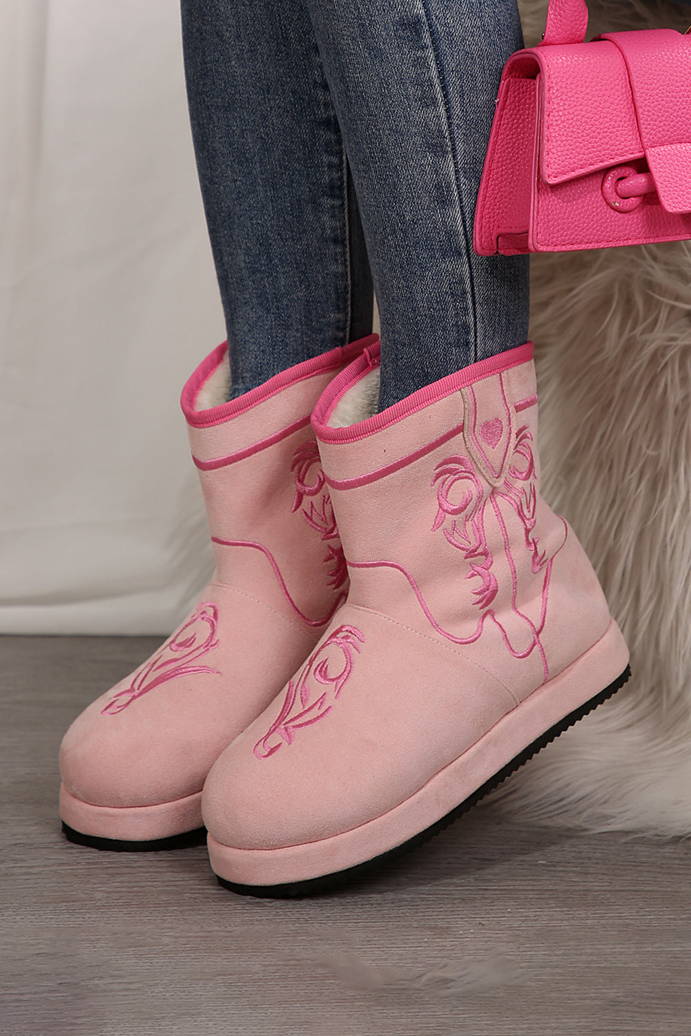 Pink Embroidered Thick Soled Plush Lined Boots