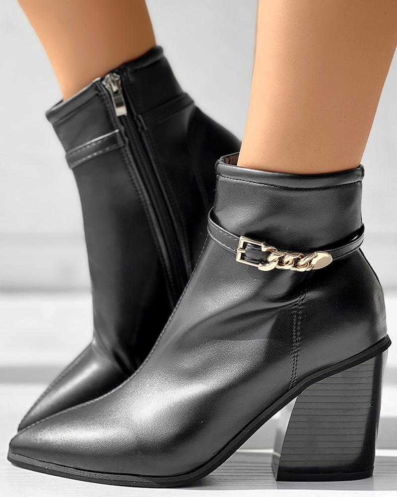 Chain Decor Chunky Heel Ankle Boots