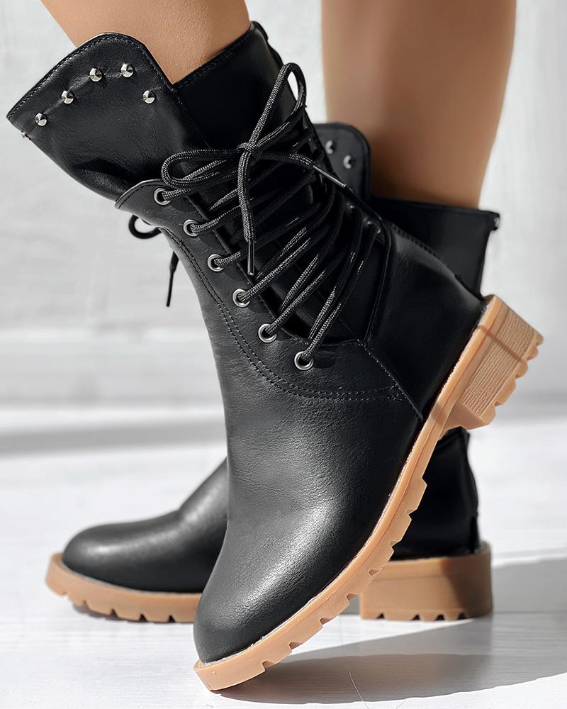 Studded Side Lace up Chunky Heel Ankle Boots