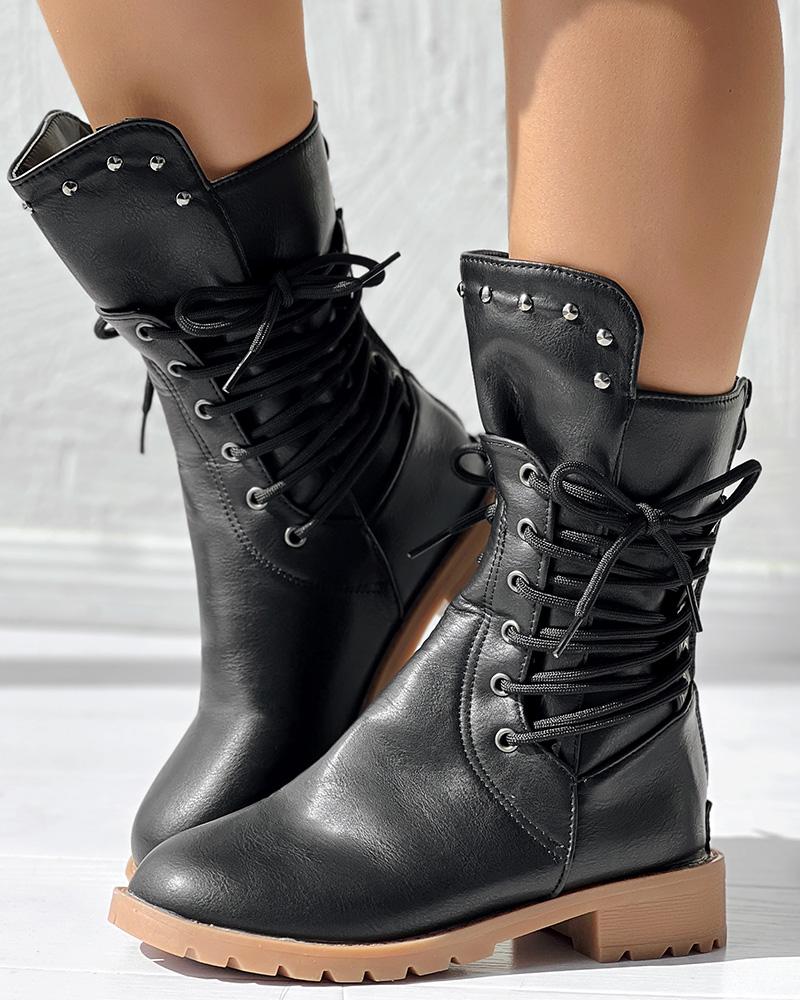 Studded Side Lace up Chunky Heel Ankle Boots