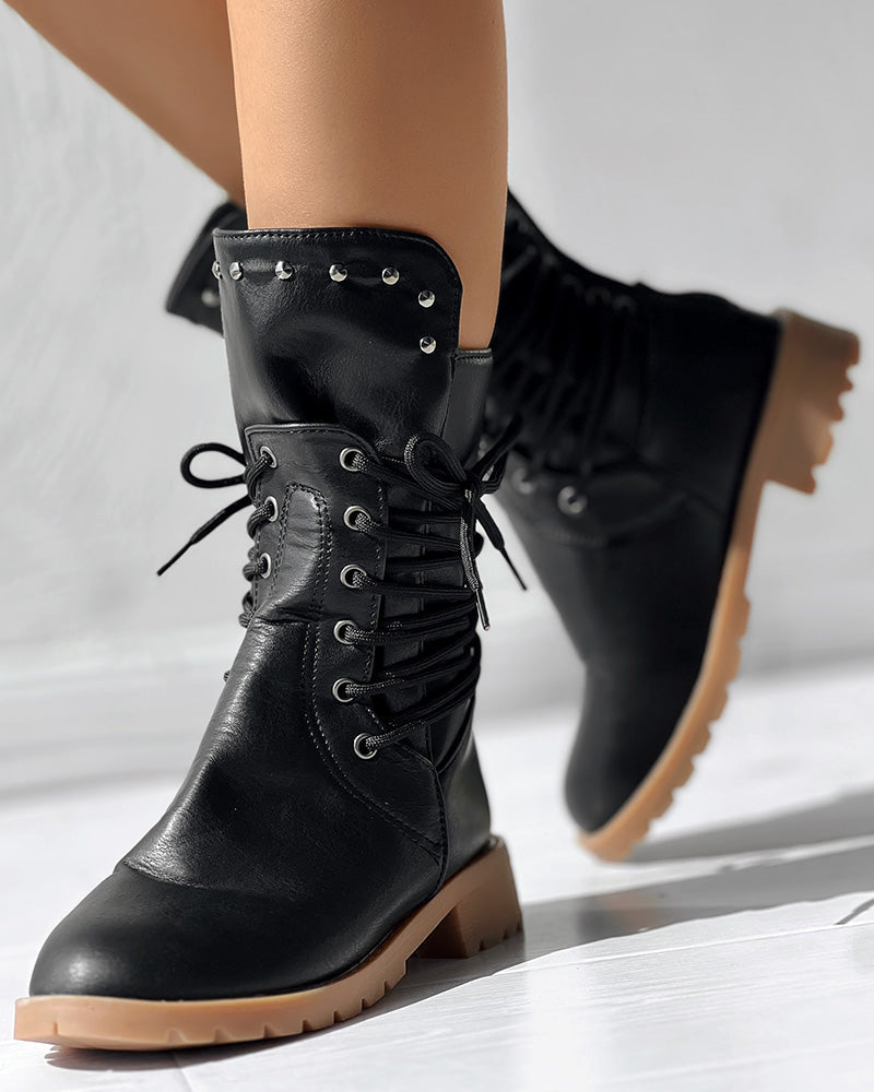 Studded Side Lace up Chunky Heel Ankle Boots