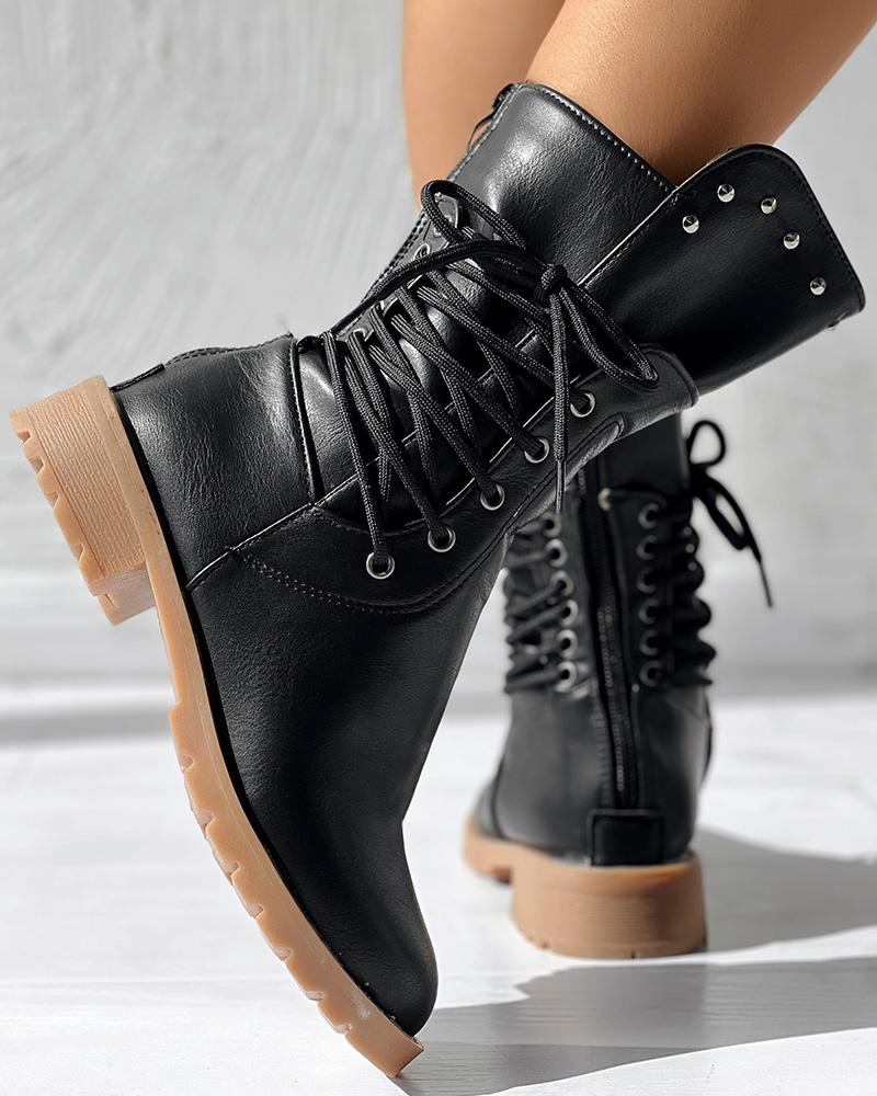 Studded Side Lace up Chunky Heel Ankle Boots