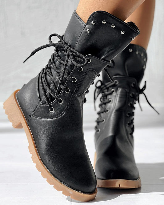 Studded Side Lace up Chunky Heel Ankle Boots