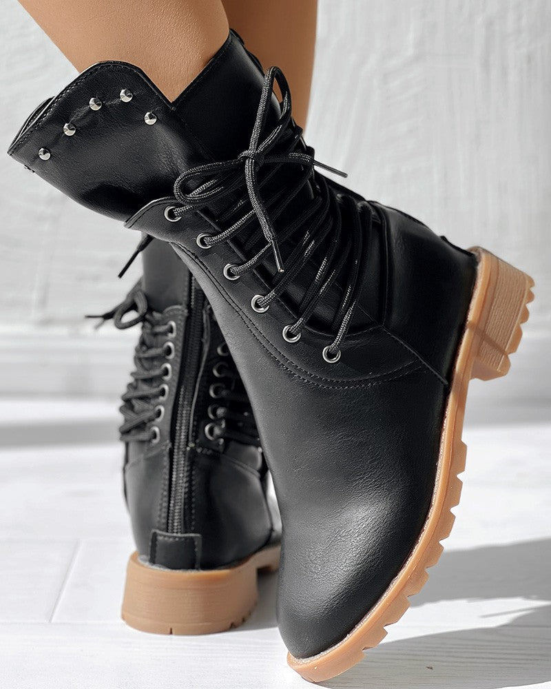 Studded Side Lace up Chunky Heel Ankle Boots