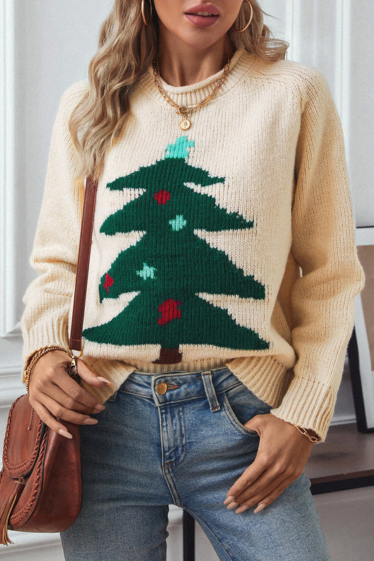 Beige Christmas Tree Pullover Graphic Sweater