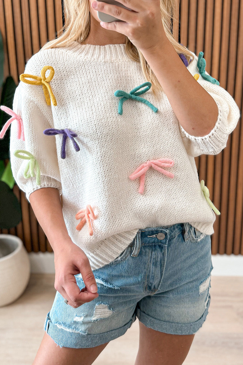 White Colorful Bow Knit Mock Neck Short Sleeve Sweater