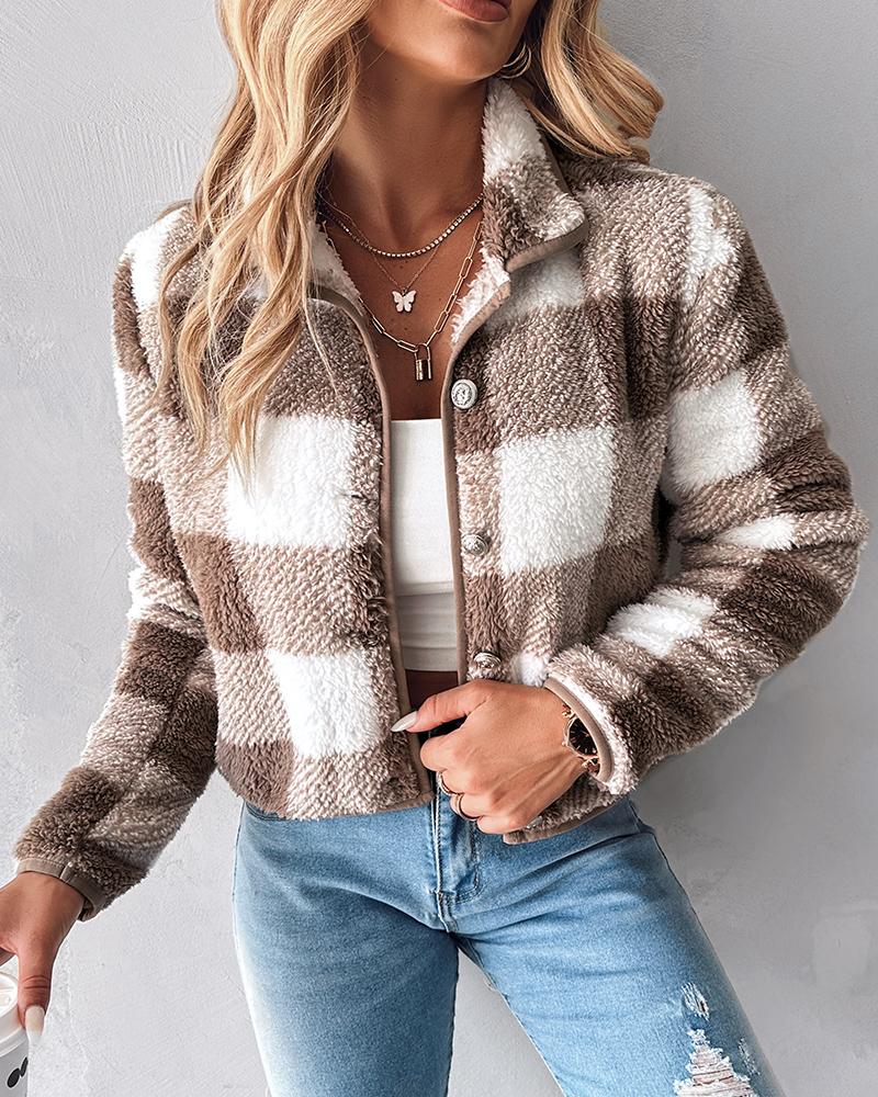 Plaid Pattern Buttoned Teddy Jacket