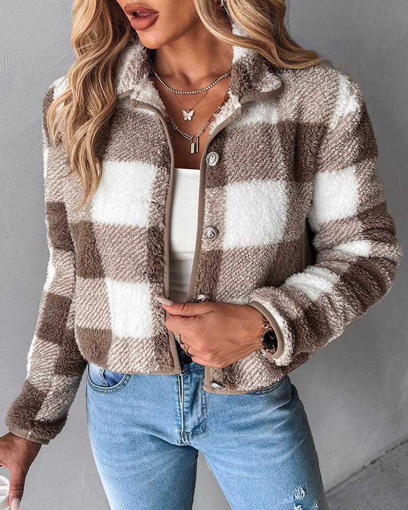 Plaid Pattern Buttoned Teddy Jacket