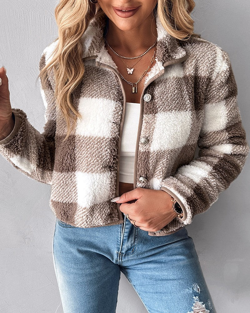 Plaid Pattern Buttoned Teddy Jacket