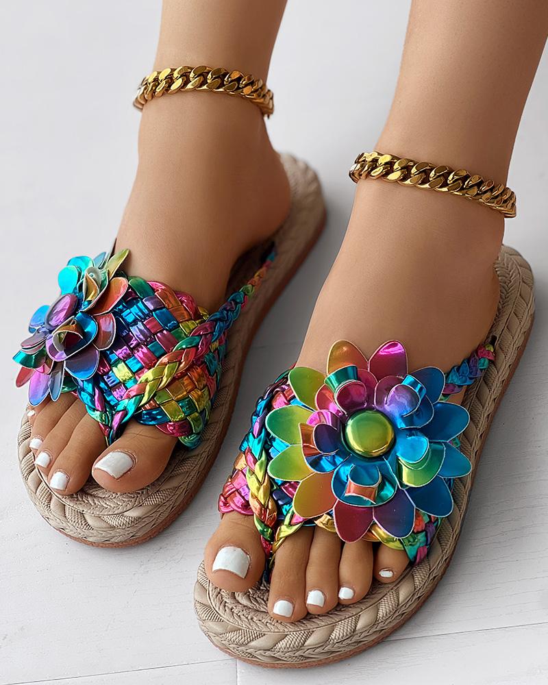 Holographic Braided Floral Pattern Toe Post Beach Flip Flops