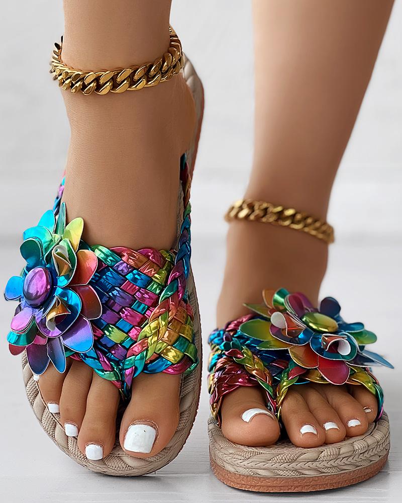 Holographic Braided Floral Pattern Toe Post Beach Flip Flops