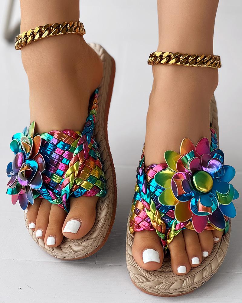 Holographic Braided Floral Pattern Toe Post Beach Flip Flops