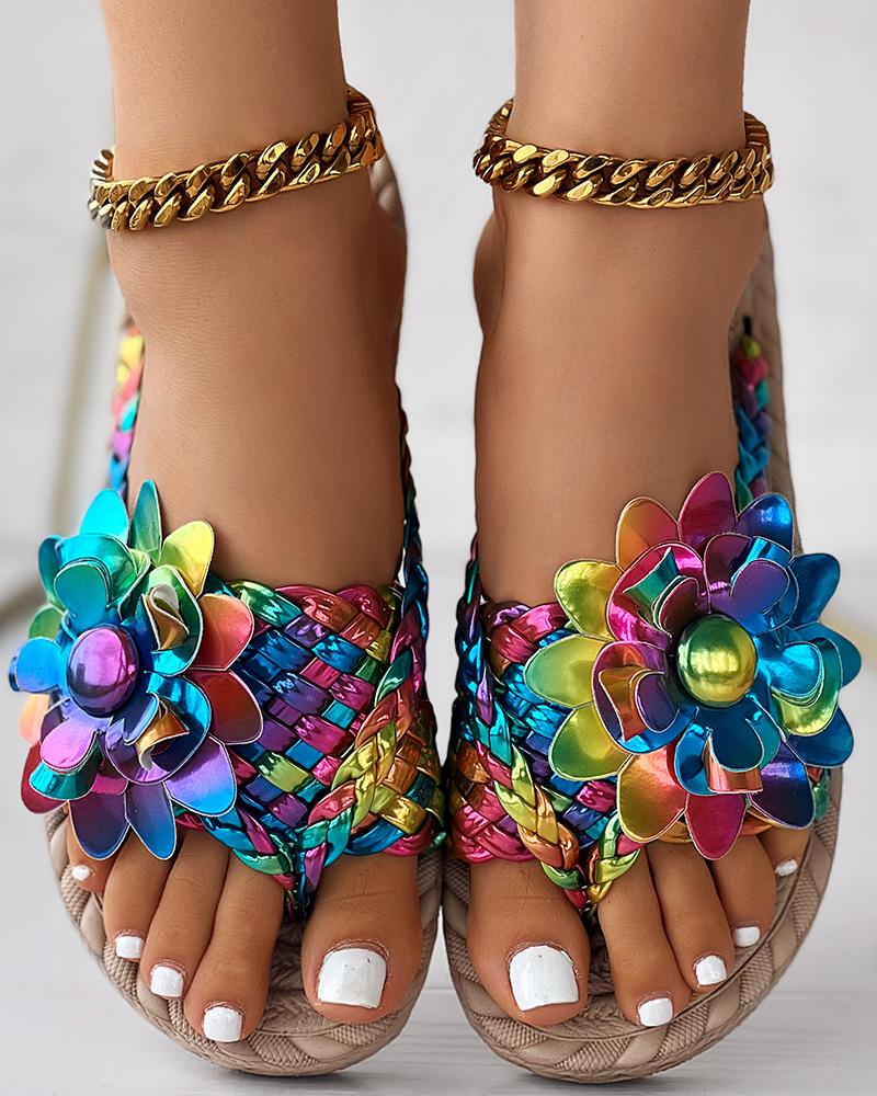 Holographic Braided Floral Pattern Toe Post Beach Flip Flops