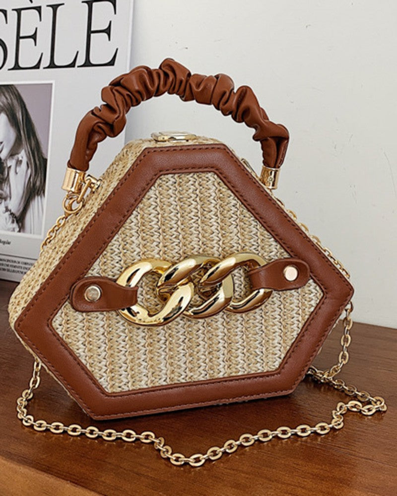 Trendy Chain Decor Top Handle Straw Geometrical Crossbody Bag