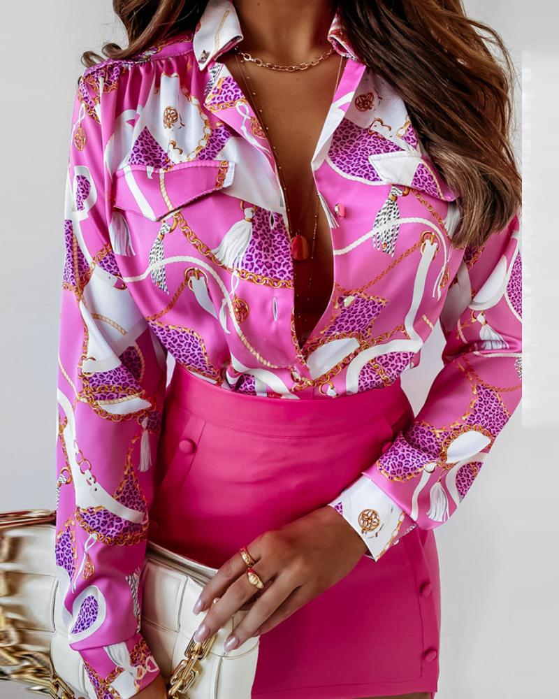 Scarf Chain Print Long Sleeve Button Down Shirt