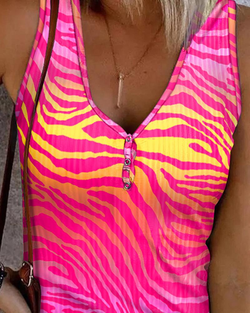 Zebra Stripe Print Ombre Button Front Tank Top