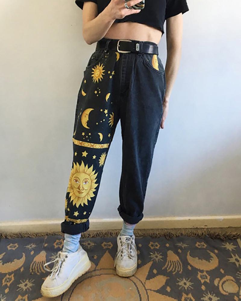 Sun & Moon Pattern High Waist Casual Jeans