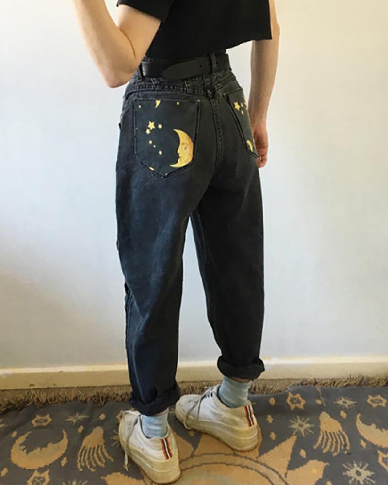 Sun & Moon Pattern High Waist Casual Jeans