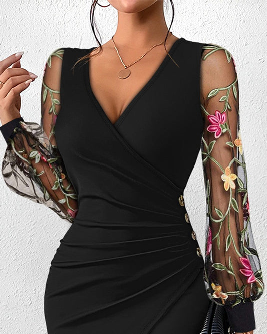 Floral Embroidery Sheer Mesh Patch Ruched Bodycon Dress