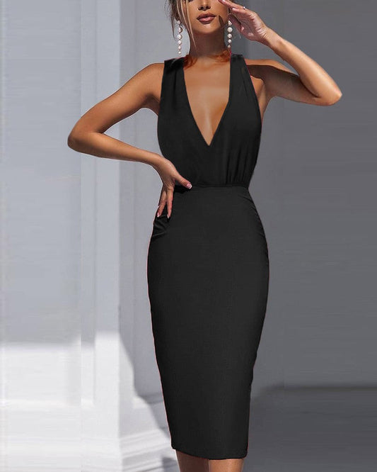 Solid V Neck Open Back Split Bodycon Dress