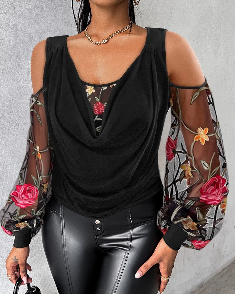 Floral Embroidery Mesh Patch Cold Shoulder Top