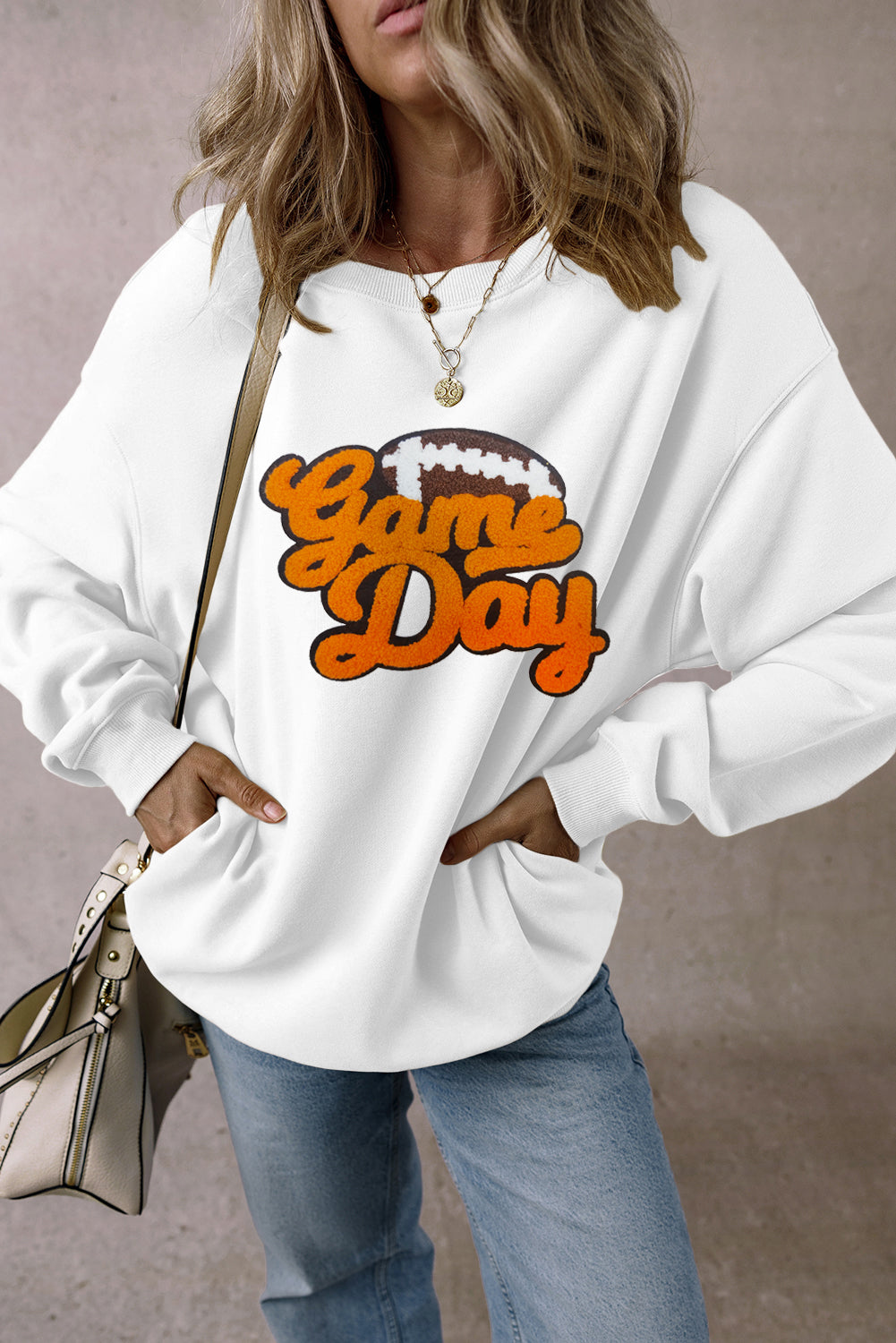 White Chenille Game Day Rugby Football Pattern Pullover Sweatshirt