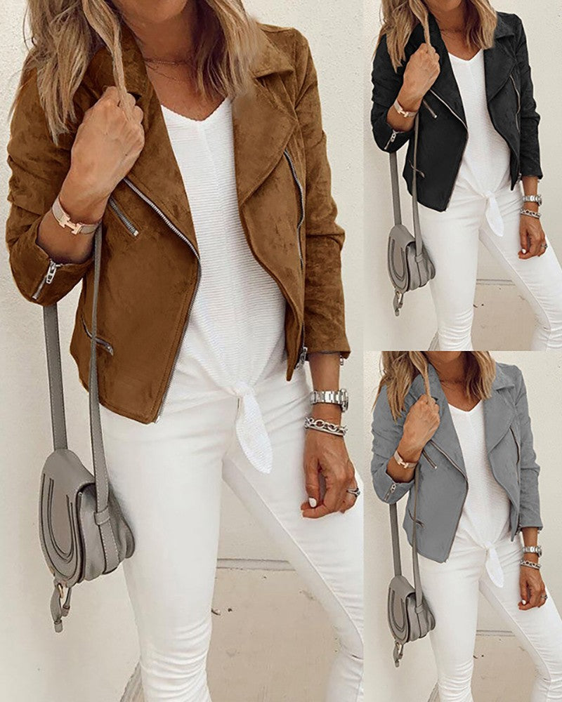 Long Sleeve Zipper Design Suede Biker Jacket