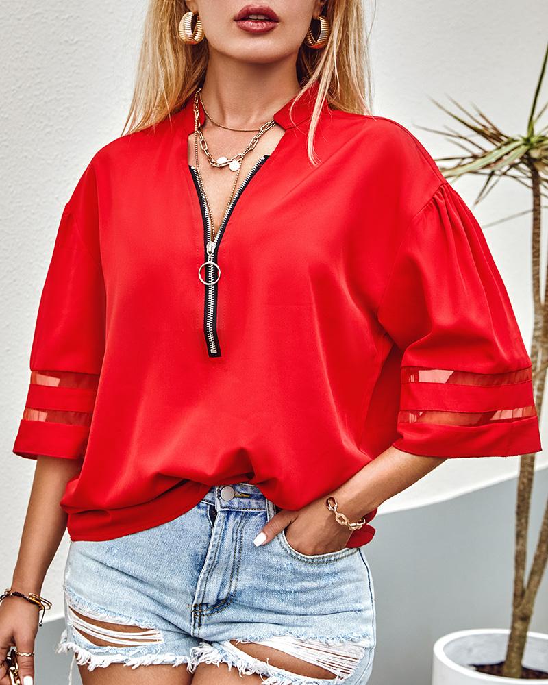 Contrast Mesh Bell Sleeve Zip Front Top