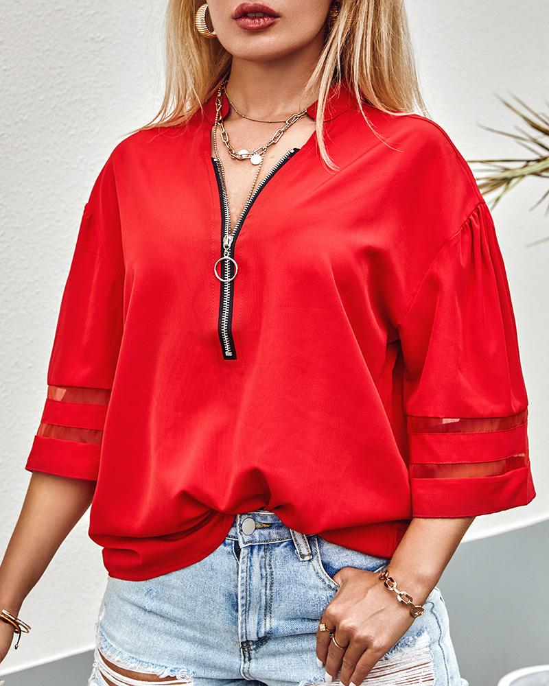 Contrast Mesh Bell Sleeve Zip Front Top