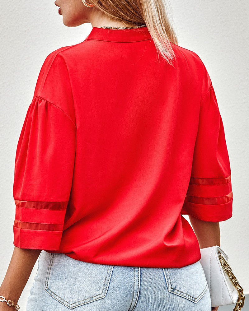 Contrast Mesh Bell Sleeve Zip Front Top