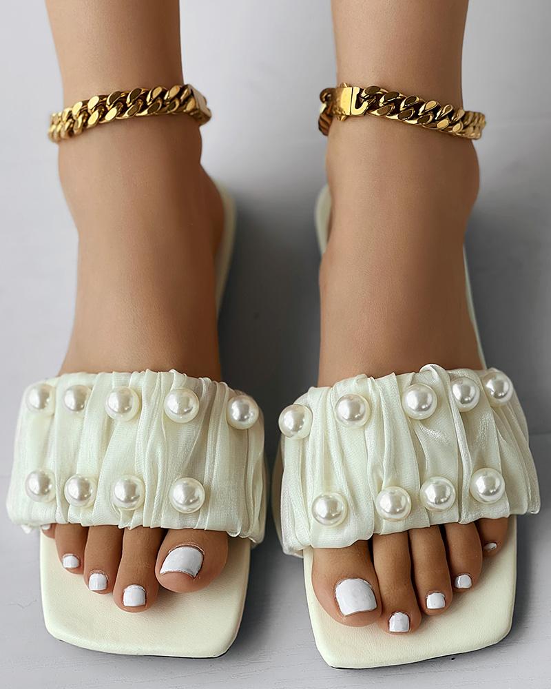 Pearls Decor Ruched Slippers Open Toe Summer Sandals