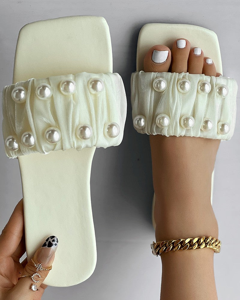 Pearls Decor Ruched Slippers Open Toe Summer Sandals