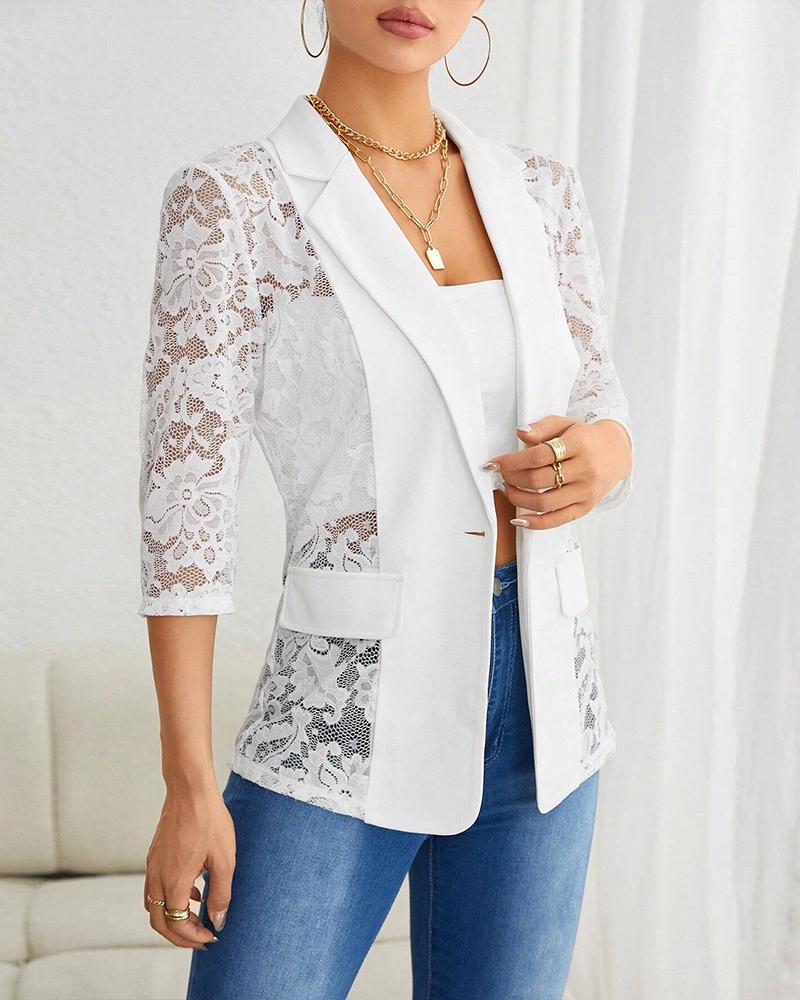 Lapel Neck Lace Patch Single Button Flap Detail Sheer Blazer Coat