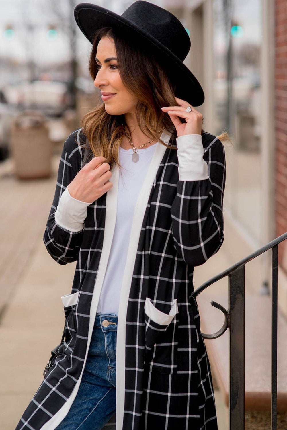 Black Plaid Colorblock Edge Open Cardigan with Pocket