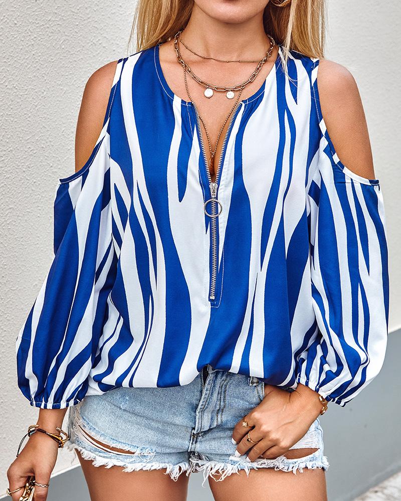 Zebra Stripe Print Zip Front Cold Shoulder Top