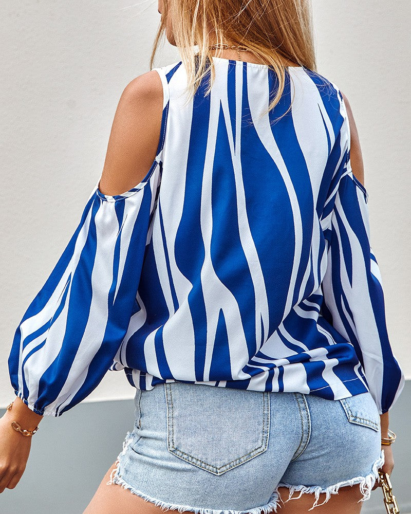 Zebra Stripe Print Zip Front Cold Shoulder Top