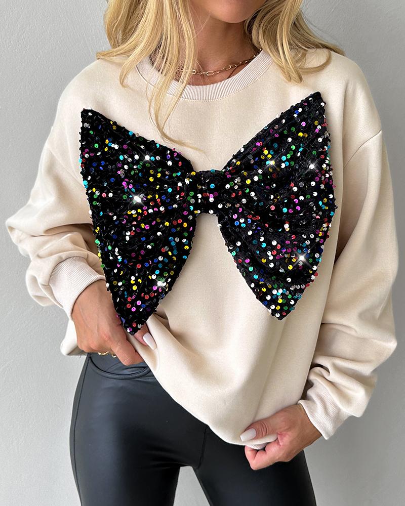 Round Neck Long Sleeve Contrast Sequin Bowknot Decor Sweatshirt