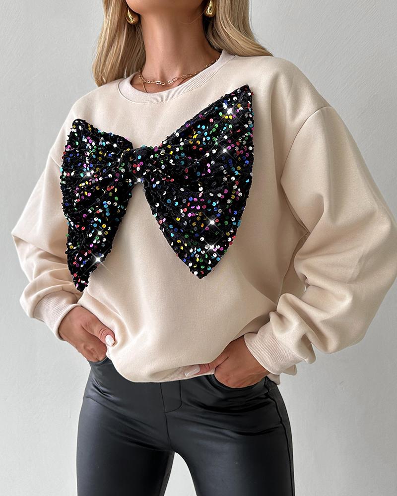 Round Neck Long Sleeve Contrast Sequin Bowknot Decor Sweatshirt