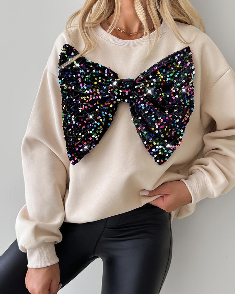 Round Neck Long Sleeve Contrast Sequin Bowknot Decor Sweatshirt