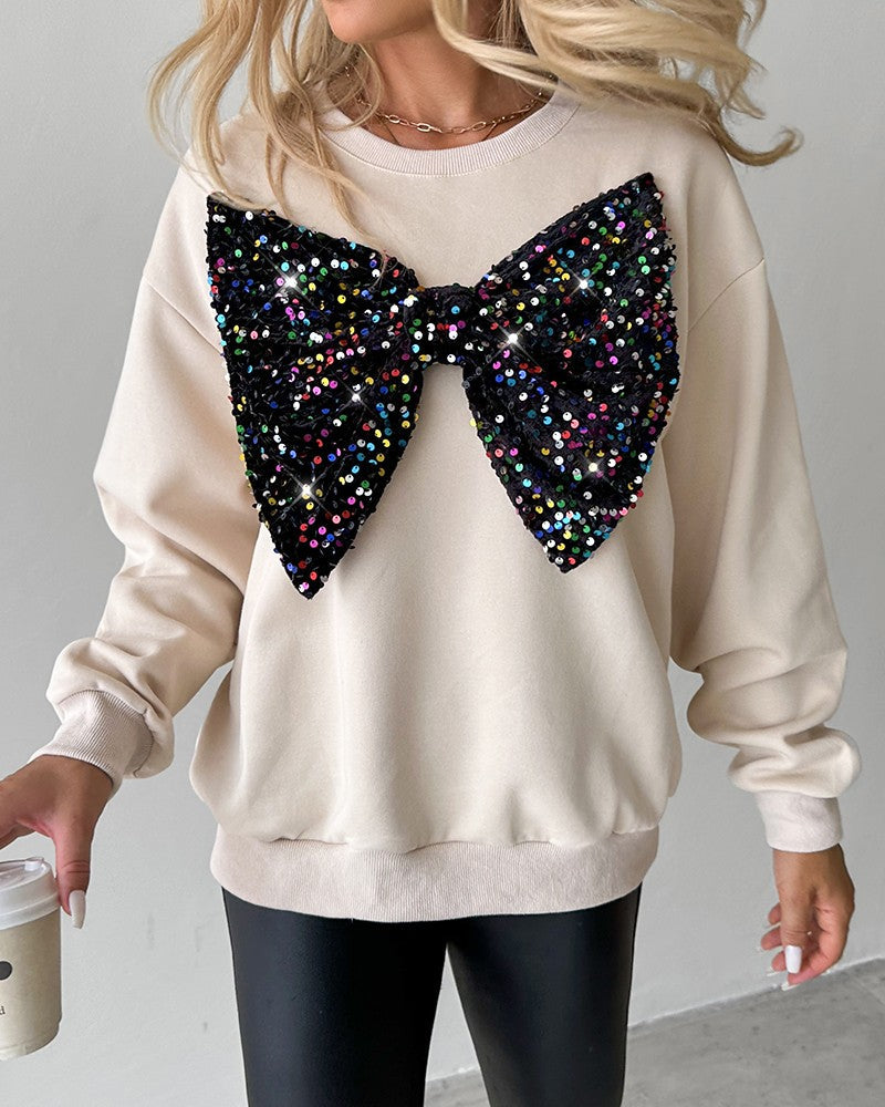 Round Neck Long Sleeve Contrast Sequin Bowknot Decor Sweatshirt