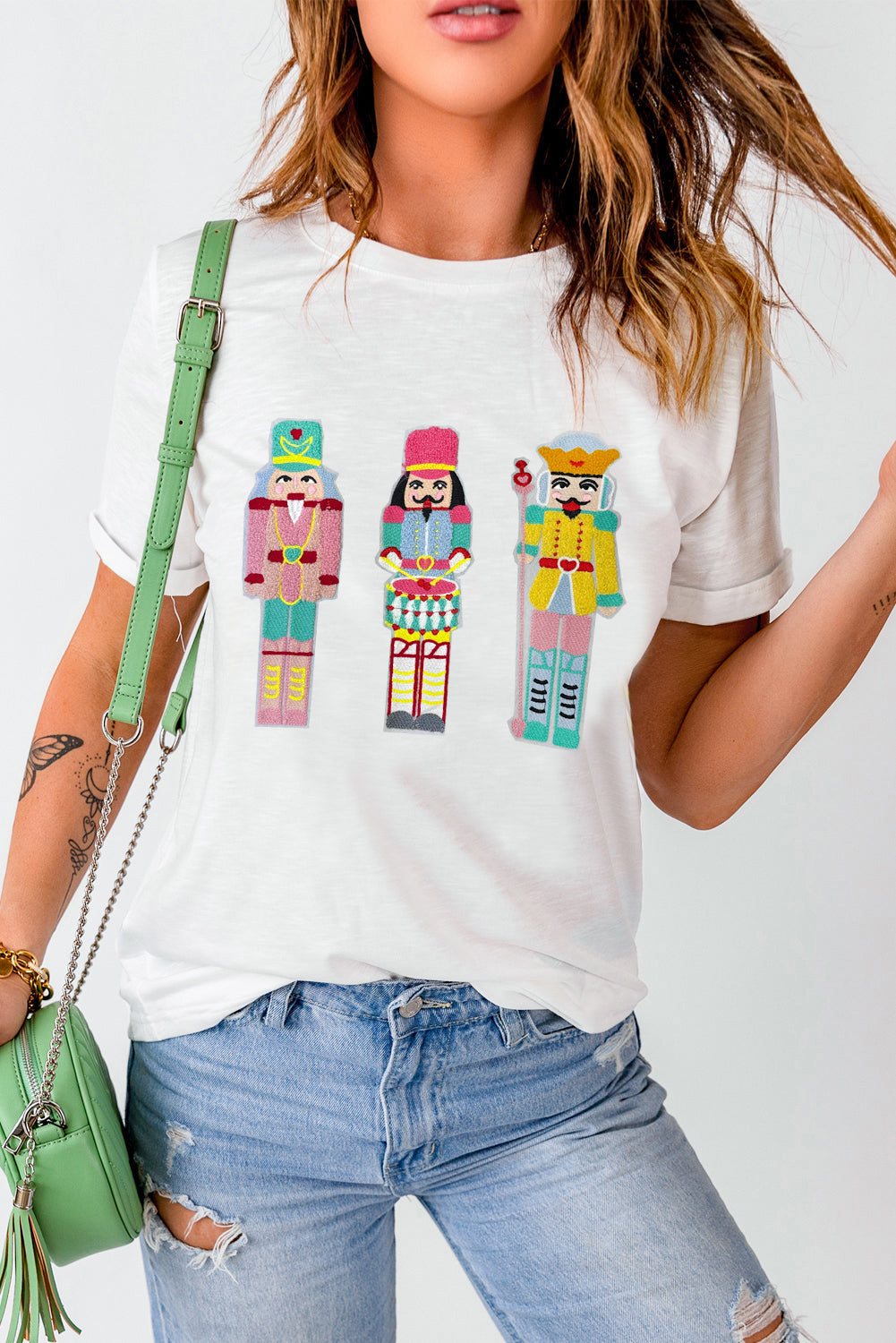 White Chenille Nutcracker Doll Graphic Christmas Fashion Tee