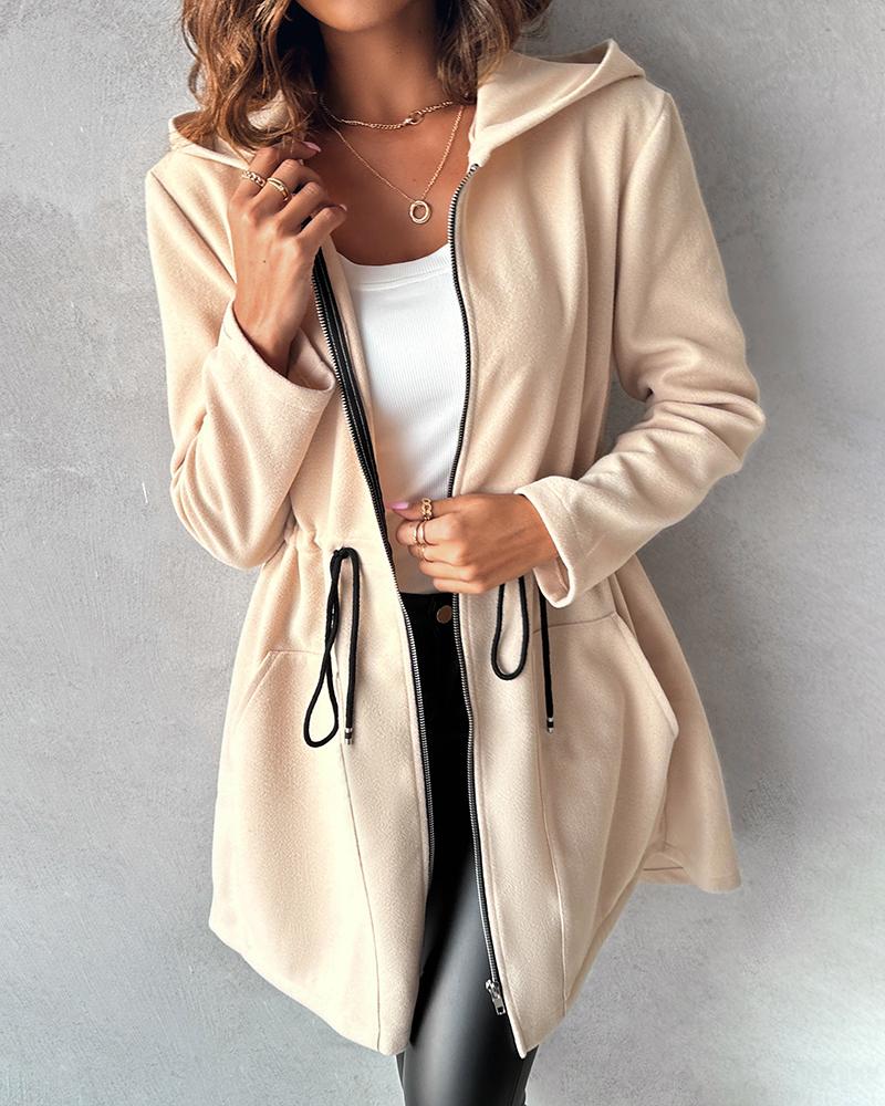 Pocket Zipper Design Drawstring Hooded Coat